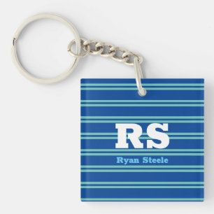 Bold Monogram & name, Lt. Teal Lines on Deep Blue Key Ring