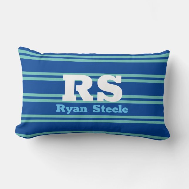 Bold Monogram & Name, Lt. Teal Lines on Deep Blue Lumbar Cushion (Front)