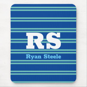 Bold Monogram & Name, Lt. Teal Lines on Deep Blue Mouse Pad