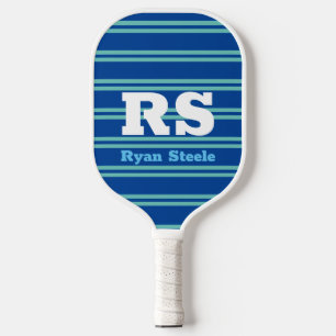 Bold Monogram & Name, Lt. Teal Lines on Deep Blue Pickleball Paddle