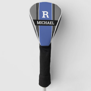 Bold Monogram & Name, Med. Blue Grey Black Stripes Golf Head Cover