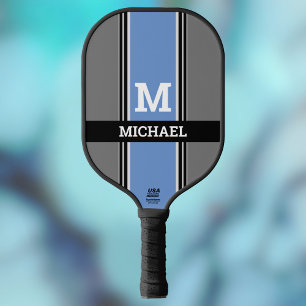 Bold Monogram & Name Med Blue Grey & Black Stripes Pickleball Paddle