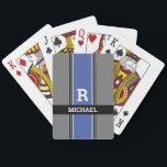 Bold Monogram & Name Med Blue Grey & Black Stripes Playing Cards<br><div class="desc">Personalise white Monogram and light grey name in bold text on medium blue,  grey and black stripes.</div>