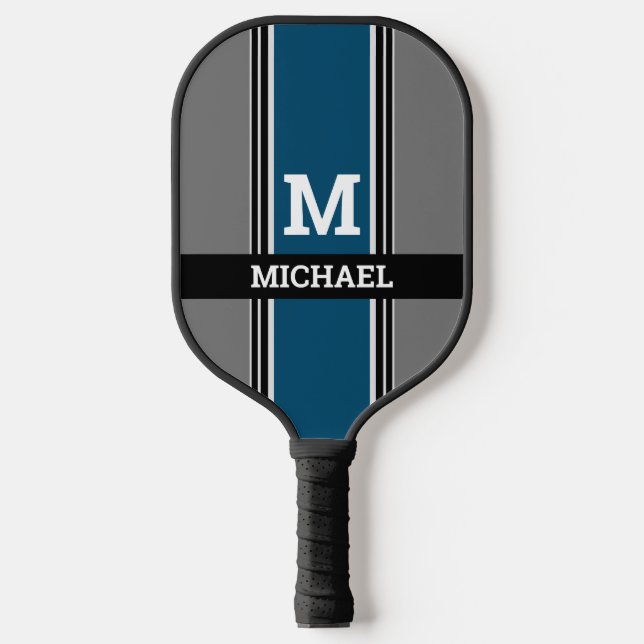 Bold Monogram & Name Ocean Blue Grey Black Stripes Pickleball Paddle (Front)