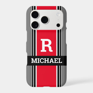 Bold Monogram & Name, Red Grey & Black Stripes