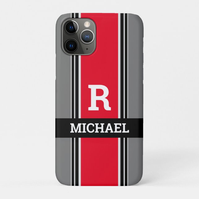 Bold Monogram & Name, Red Grey & Black Stripes Case-Mate iPhone Case (Back)