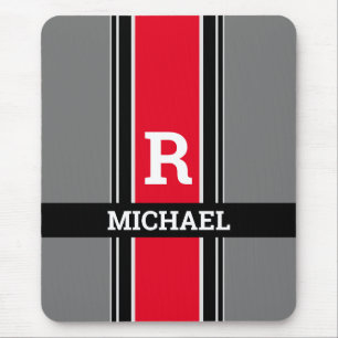 Bold Monogram & Name, Red Grey & Black Stripes Mouse Pad