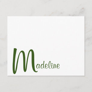 Bold Monogram Name Script Moss Green Note Card