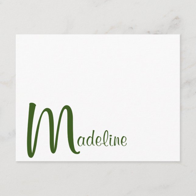 Bold Monogram Name Script Moss Green Note Card (Front)