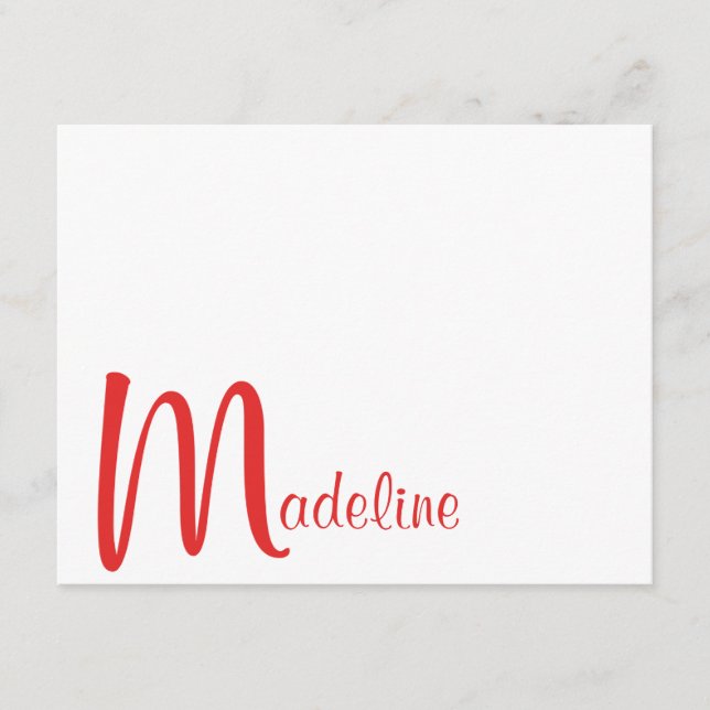 Bold Monogram Name Script Red Note Card (Front)