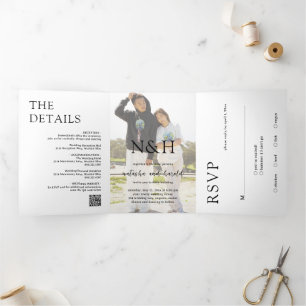 Bold Monogram Photo QR Code Modern Wedding Tri-Fold Invitation