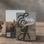 Bold monogram photos names boho qr code wedding invitation<br><div class="desc">A modern, bold monogram and elegant wedding invitation with custom names with a hand written marker brushed calligraphy in black and white with 2 photos and black overlay. All the text, names and background colours are customisable. A simple and minimalist invitation. Add your qr code for an all in one...</div>