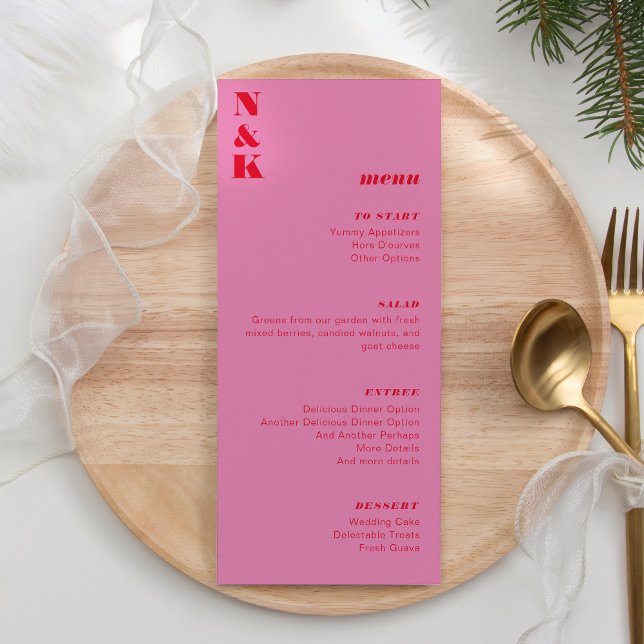 Bold Monogram Red and Pink Wedding Customisable Menu (Creator Uploaded)