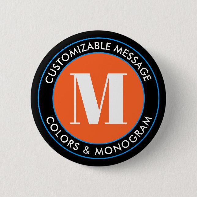 Bold Monogram & Text | Black White Orange & Blue 6 Cm Round Badge (Front)