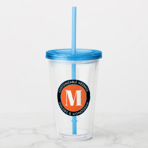 Bold Monogram & Text Black White Orange & Blue Acrylic Tumbler
