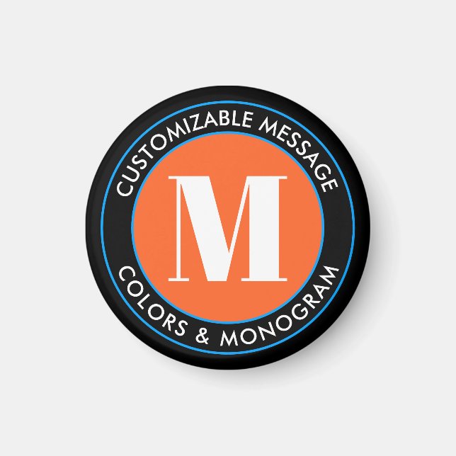 Bold Monogram & Text | Black White Orange & Blue Magnet (Front)