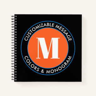 Bold Monogram & Text   Black White Orange & Blue Notebook