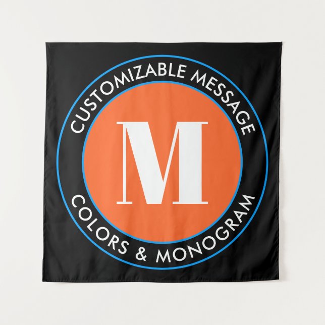 Bold Monogram & Text | Black White Orange & Blue Tapestry (Front)