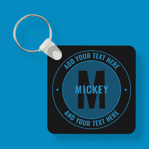 Bold Monogram & Text   Blue & Black Key Ring