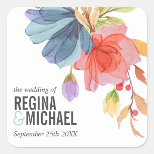 Bold Monogram Watercolor Wildflower Aqua Wedding Square Sticker
