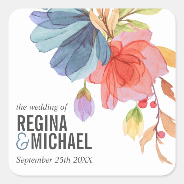 Bold Monogram Watercolor Wildflower Blue Wedding Square Sticker (Front)