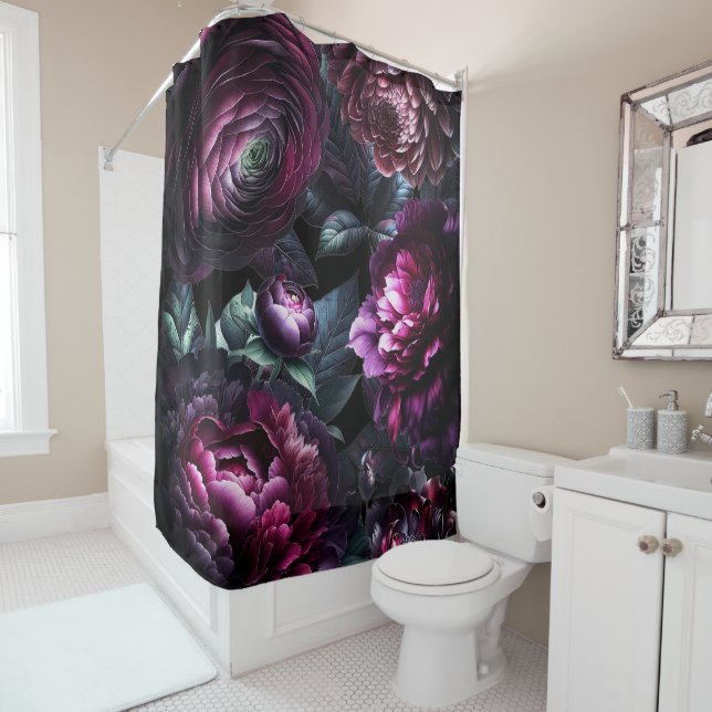 Bold Moody Flowers Black Enchanted Floral Garden Shower Curtain (In Situ)