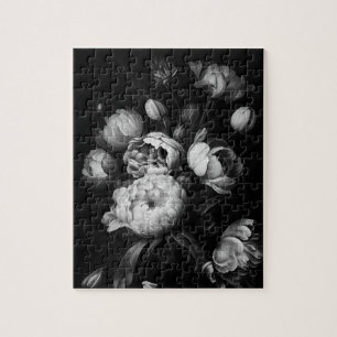 Bold Moody Painterly Flowers Black and White Jigsaw Puzzle