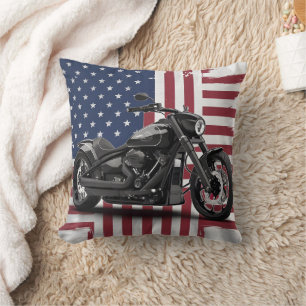 Bold motorcycle against the American flag backdrop Cushion