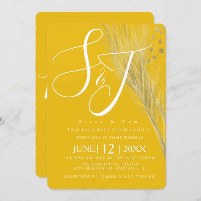 Bold Mustard Yellow Gold Foil Pampas Wedding Suite Invitation (Front/Back)