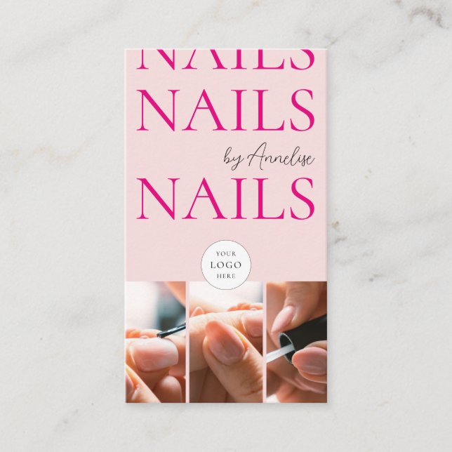  Bold Nails Blush Pink Logo QR Code 3 Photo Salon Business Card (Front)