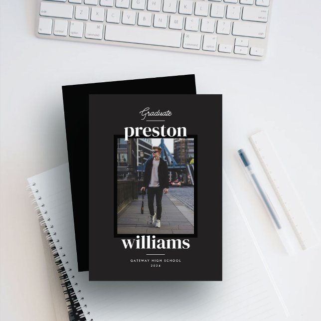 Bold Name Black Graduation Announcement Photo Card (Creator Uploaded)