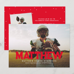 Bold name graduate athlete photo red graduation invitation