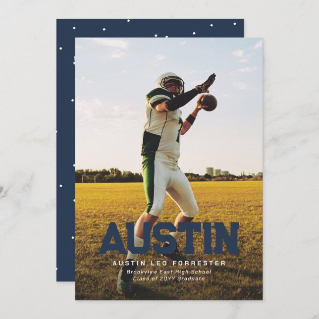 Bold name navy blue graduate photo graduation invitation (Front/Back)