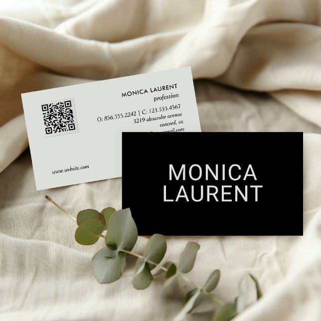 BOLD NAME QR CODE LOGO SOCIAL ICONS CHIC BLACK BUSINESS CARD (Creator Uploaded)