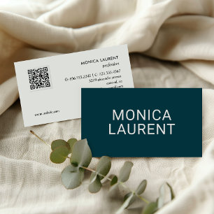 BOLD NAME QR CODE LOGO SOCIAL ICONS DARK TEAL BUSINESS CARD