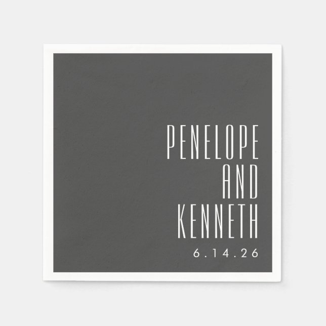 Bold Names Retro Typography Black White Wedding Napkin (Front)