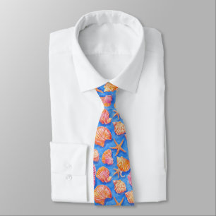 Bold Nautical Shell Starfish Orange Magenta Blue Tie