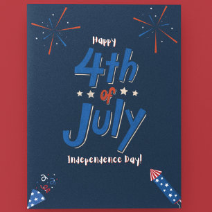 Bold Navy and Red Patriotic Fireworks and Rocket Holiday Postcard