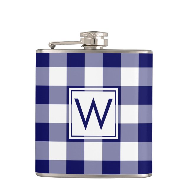 Bold Navy and White Plaid Pattern with Monogram Hip Flask (Front)