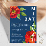 Bold Navy Bat Mitzvah Red Floral Watercolor Modern Invitation<br><div class="desc">Be proud, rejoice and showcase this milestone of your favourite Bat Mitzvah with this sophisticated, personalised invitation! A chic, stunning, red floral watercolor with modern san serif type overlays a navy blue background. Personalise the custom text with your Bat Mitzvah’s name, date, and venue information. Guaranteed to add stylish fun...</div>