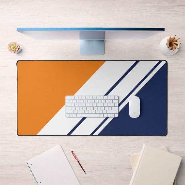 Bold Navy Blue Bright Orange White Racing Stripes Desk Mat (Office 1)