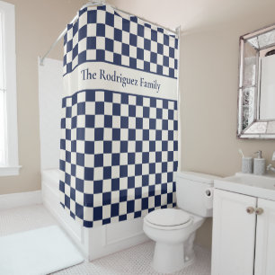 Bold Navy Blue Cream Chequered Pattern with Name Shower Curtain