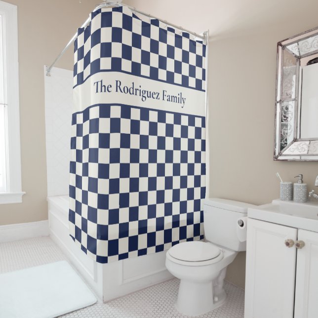 Bold Navy Blue Cream Chequered Pattern with Name Shower Curtain (In Situ)