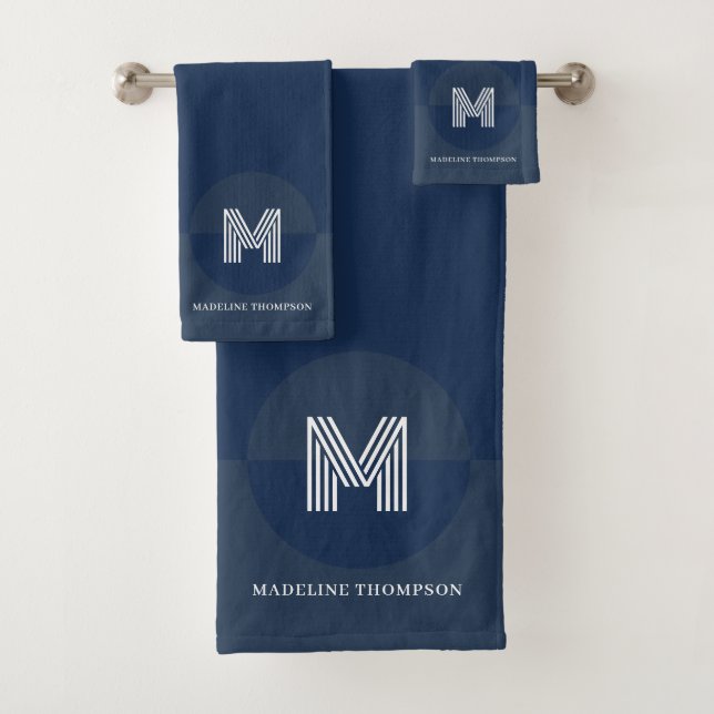 Bold Navy Blue Geometric Modern Monogram Bath Towel Set (Insitu)