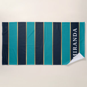 Bold Navy Blue Gold Stripe Pattern Beach Towel