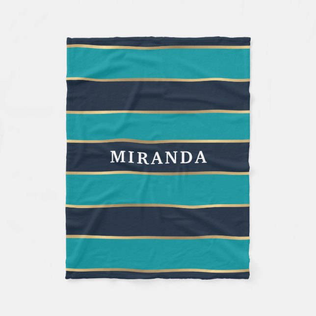Bold Navy Blue Gold Stripe Pattern Fleece Blanket (Front)