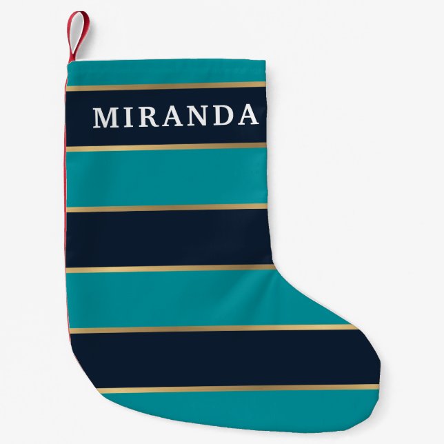 Bold Navy Blue Gold Stripe Pattern Small Christmas Stocking (Front)