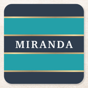 Bold Navy Blue Gold Stripe Pattern Square Paper Coaster