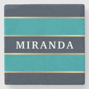 Bold Navy Blue Gold Stripe Pattern Stone Coaster