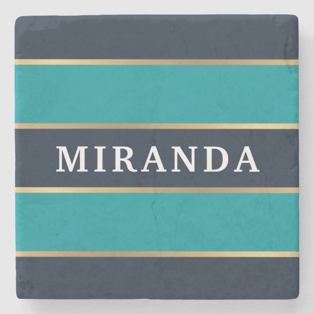 Bold Navy Blue Gold Stripe Pattern Stone Coaster (Front)